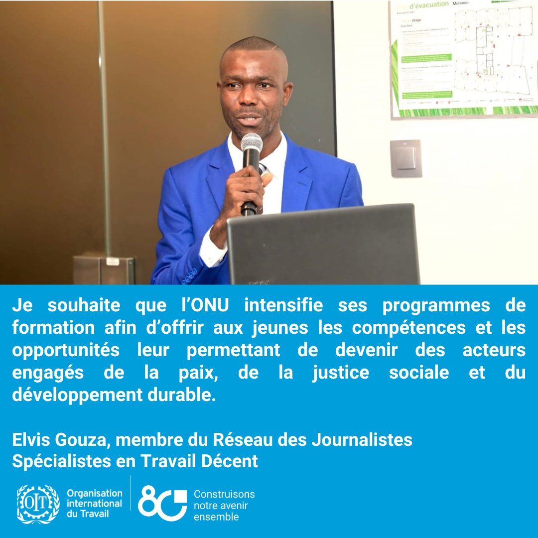 Depuis 2023, <a href="/OITAbidjan/">OIT Abidjan</a> accompagne le Réseau des journalistes🇨🇮 Spécialistes en travail décent (#RJSTD) pour faire d'eux, des voix du #TravailDécent.

Pour les #UN80, Elvis Gouza rappelle : « Investir dans la jeunesse, c’est bâtir la paix et préparer l’avenir que nous voulons. »
