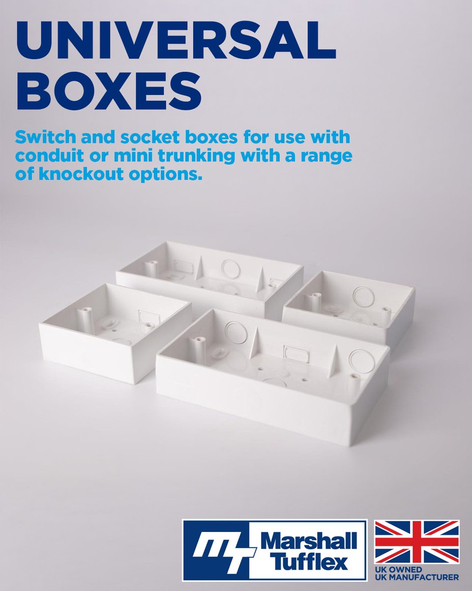 MTufflex's tweet image. Universal boxes have handy knockouts for both 20mm conduit and 25x16mm mini trunking, meaning less variations to store and manage.

#Switch #Socket #Trunking #Conduit #MarshallTufflex