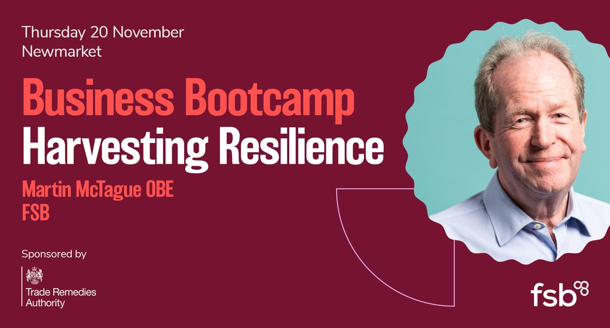 We’re thrilled to welcome <a href="/MMcTagueFSB/">Martin McTague OBE</a> to our FSB East of England Business Bootcamp: Harvesting Resilience!  

Hear his keynote: Voice of Small Business - Action, Advocacy and Ambition in 2026.  

events.fsb.org.uk/en/8d2bI2X7/fs…