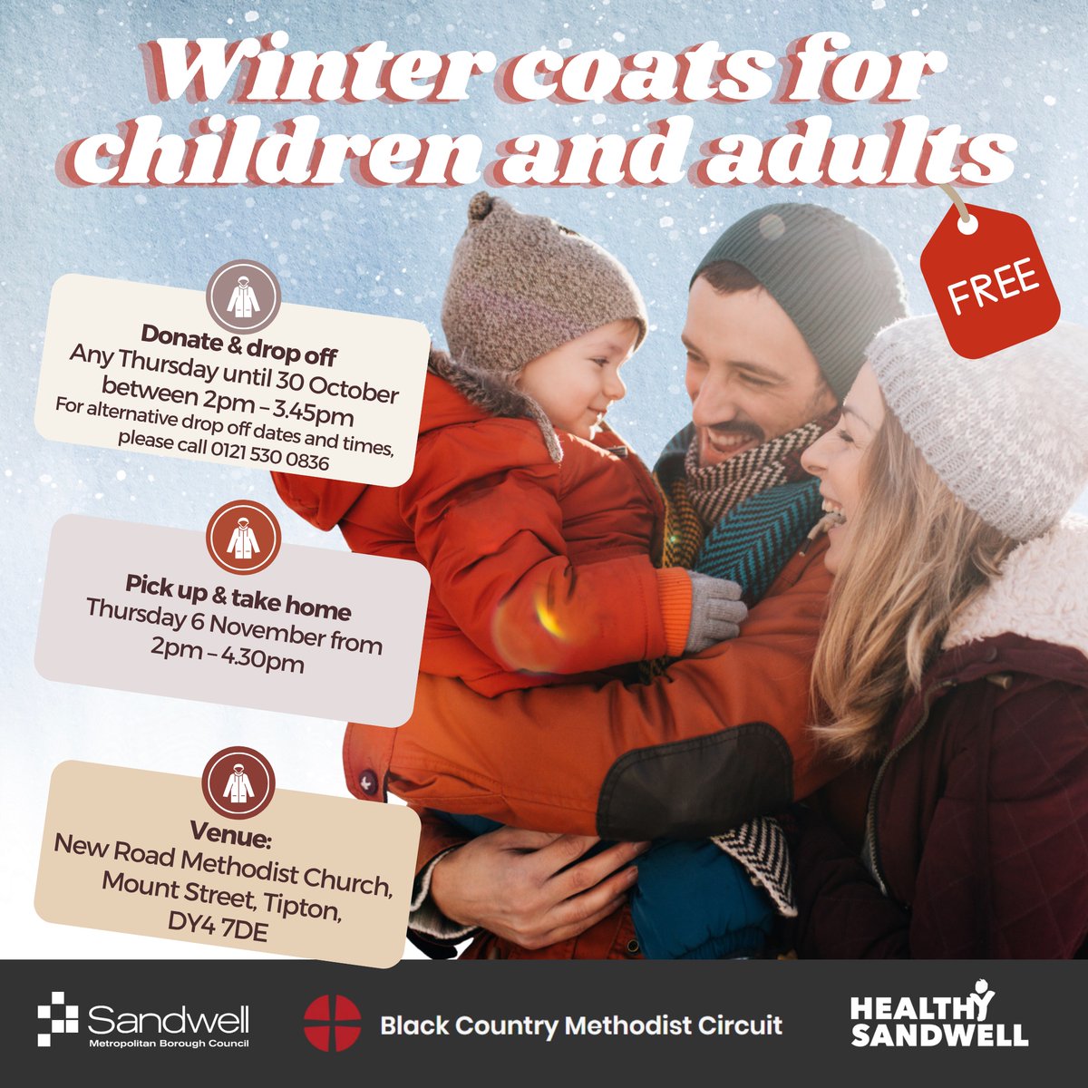 🧥🧥If you need a warm coat for you or your child, or if you have one spare to donate, check out this Winter Coat Exchange
⬅️ Final chance to drop off coats: This Thursday (30 Oct) 2-3.45pm
➡️ Coat collection: Thursday 6 Nov 2-4.30pm
📍 New Road Methodist Church, Tipton, DY4 7DE