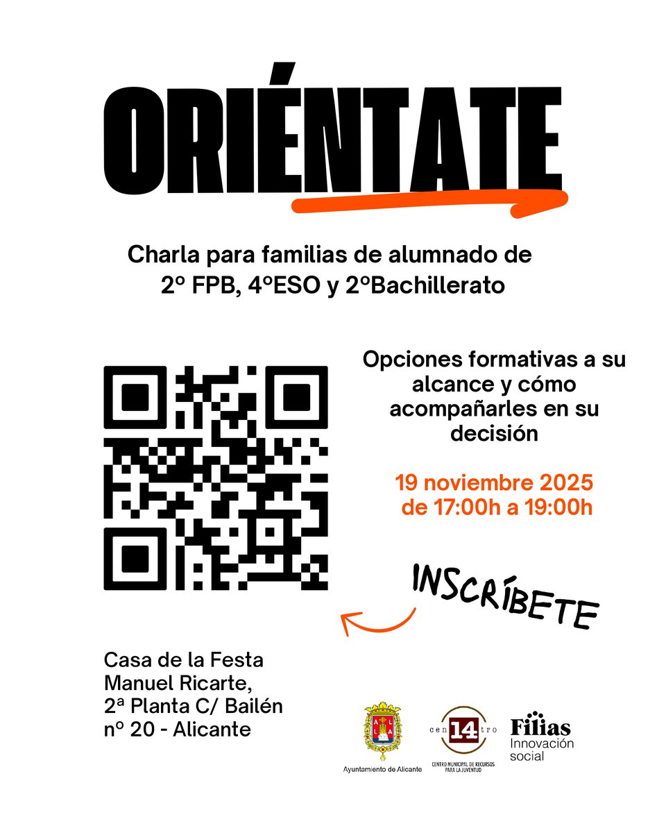 El 19 de noviembre tendrá lugar una charla dirigida a familias, centrada en las opciones formativas disponibles y en cómo acompañar a sus hijas e hijos en la toma de decisiones. 

De 17h. a 19h. en Casa de la Festa

Apúntate: alicante.es/es/agenda/orie…