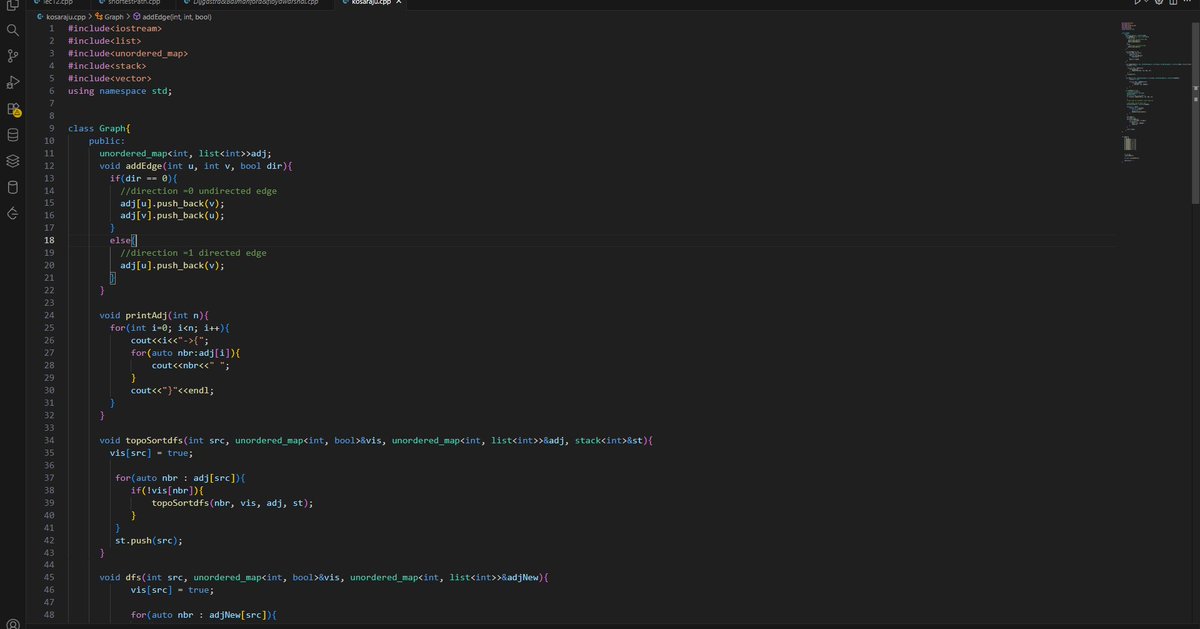 ASHUTOSHKU93588's tweet image. Kosaraju Algorithm=>Strongly Connected Component.
3 steps required-
1->find Topological order.
2->Edge reverse.
3->dfs call count.