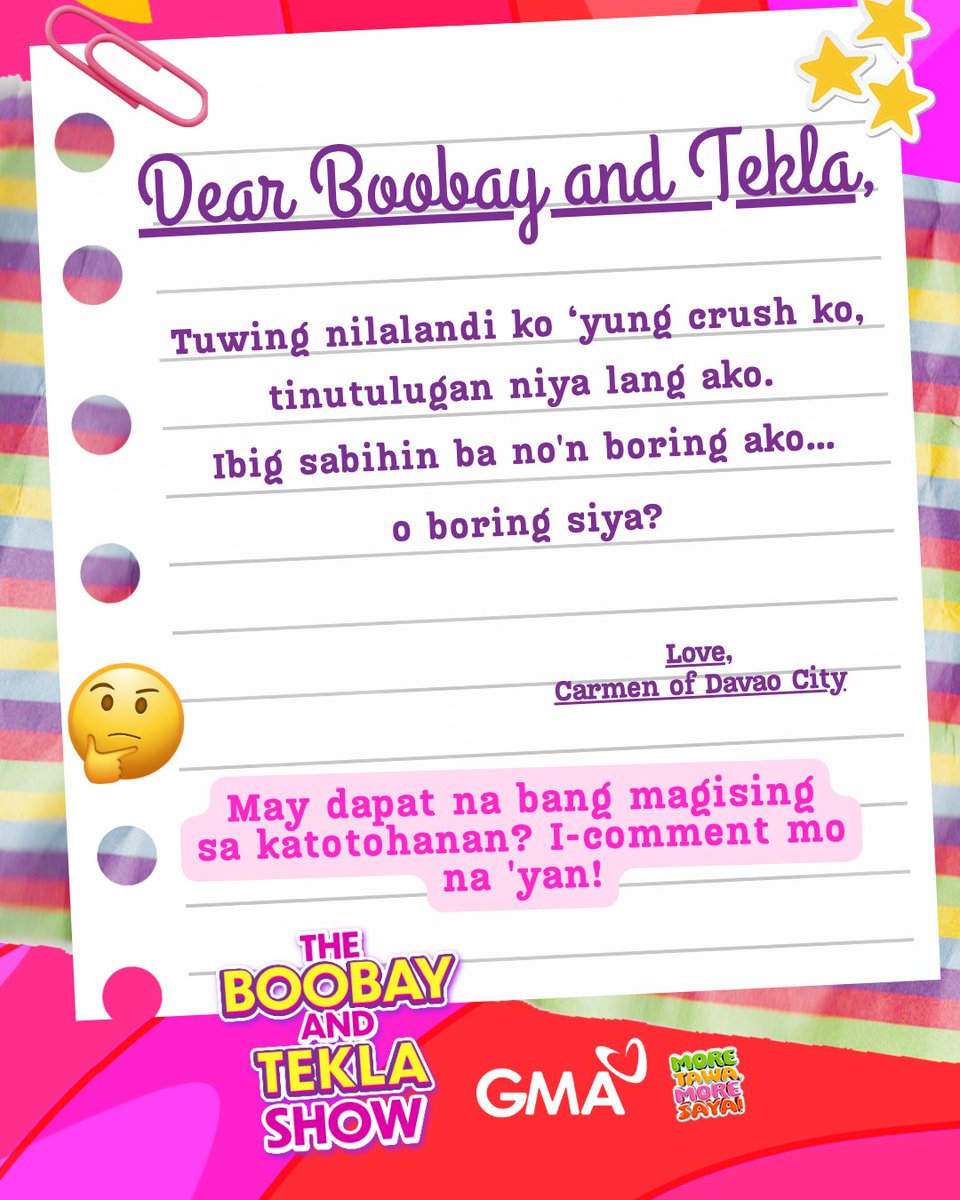 gtvphilippines's tweet image. BASAHIN: Isang heartbreaking #DearBoobayAndTekla entry ngayong Tuesday! 💔

Kayo na ang humusga, mga ka-#TBATS! I-comment mo na ang advice mo! ⬇️