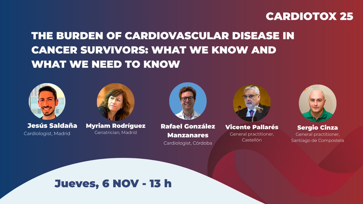 🫀 En #CardioTox25 analizamos la carga de enfermedad cardiovascular en supervivientes de cáncer: qué sabemos y qué necesitamos saber.

🔹 <a href="/PilarAgudoQ/">Pilar Agudo Quílez</a> y Federico Gutiérrez-Larraya moderan un bloque que aborda desde el control lipídico y la fragilidad hasta la integración del