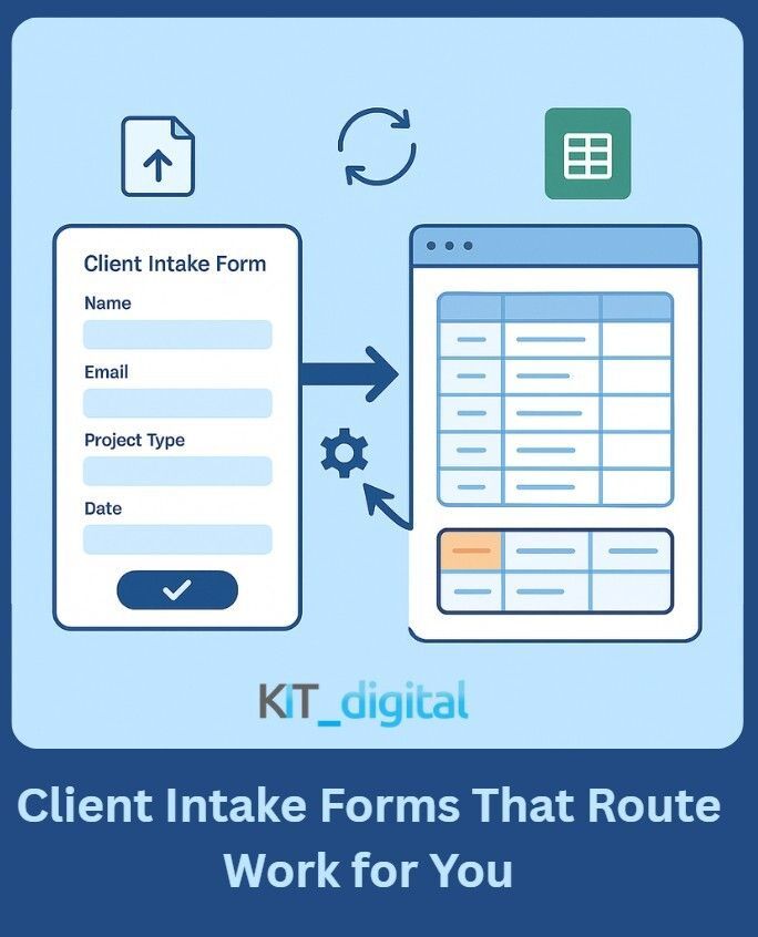 KIT__Digital's tweet image. 🧾 Tech Tuesday: Intake Forms That Do the Work

Capture info once—route it automatically

💡 Less chasing, more doing.

👉 Build your form in minutes: koz-tech.com/blog 
#TechTuesday #ClientIntake #NoCode #WorkflowAutomation #SmallBusinessOps