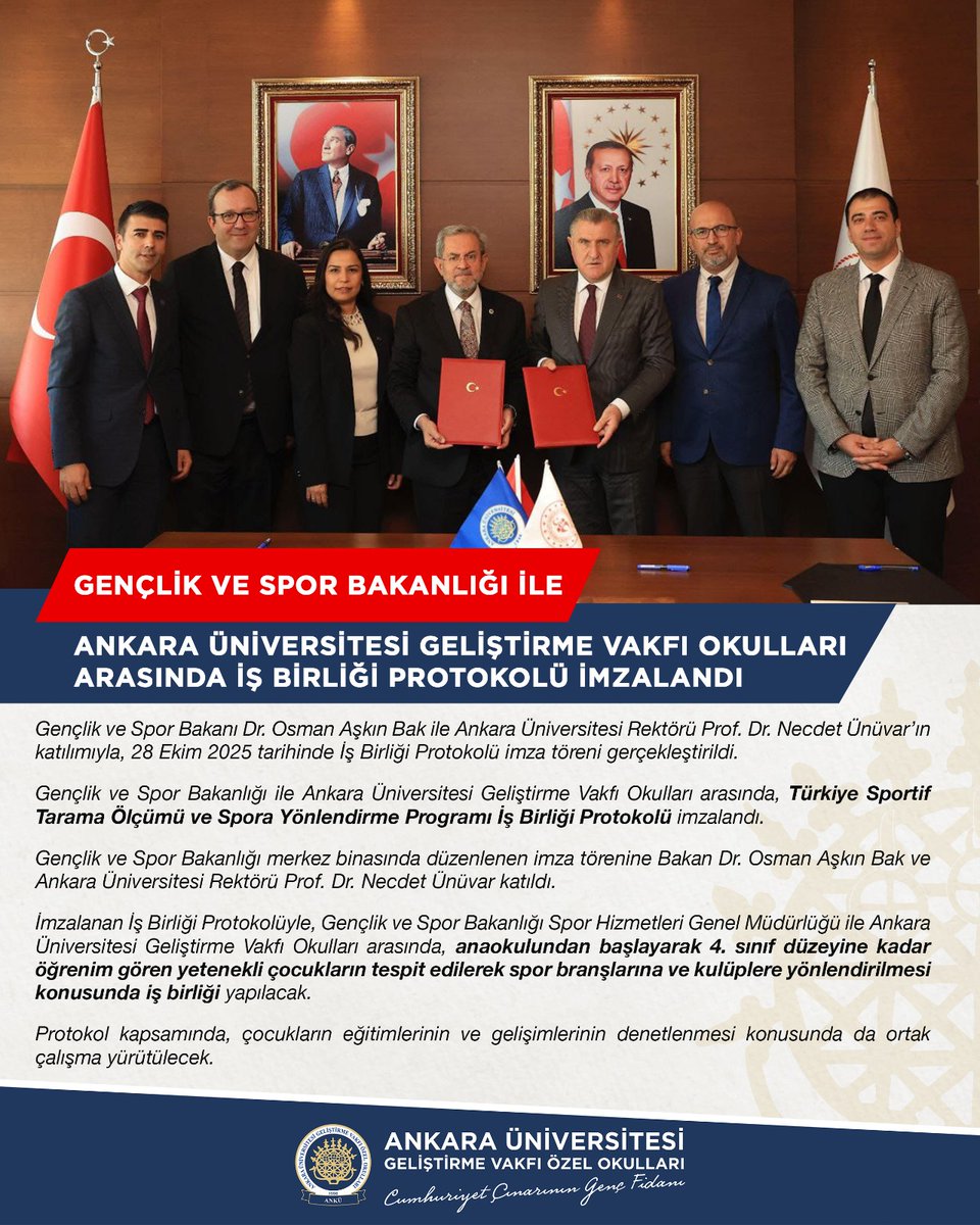 Gençlik ve Spor Bakanı Dr. Osman Aşkın Bak ile Ankara Üniversitesi Rektörü Prof. Dr. Necdet Ünüvar’ın katılımıyla, 28 Ekim 2025 tarihinde Gençlik ve Spor Bakanlığı ile ANKÜ Okulları arasında İş Birliği Protokolü imzalandı. 
<a href="/AnkaraUni/">Ankara Üniversitesi</a>
<a href="/necdetunuvar/">Necdet Ünüvar</a>
<a href="/gencliksporbak/">Gençlik ve Spor Bakanlığı 🇹🇷</a> 
<a href="/OA_BAK/">Dr. Osman Aşkın Bak</a>