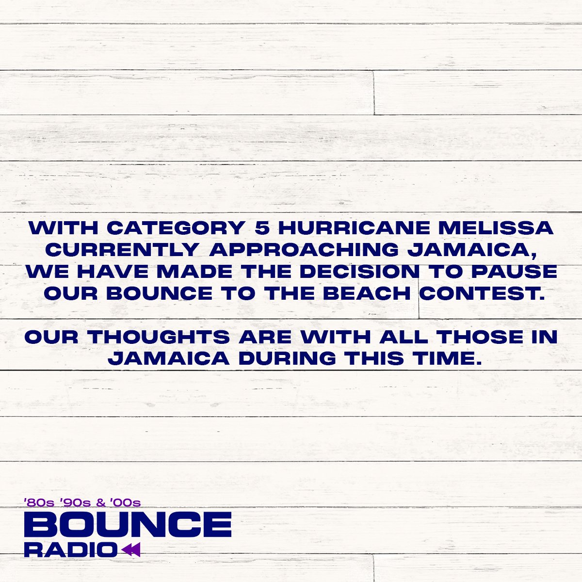With Category 5 Hurricane Melissa currently approaching Jamaica, we have made the decision to pause our BOUNCE To The Beach contest. 

Our thoughts are with all those in Jamaica during this time.