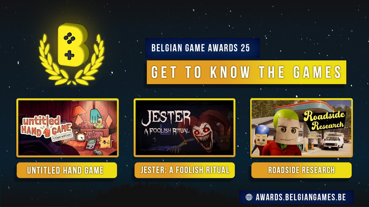 Here are three more games that have submitted for this year's Belgian Game Awards! #BGA25

🖤 Untitled Hand Game by <a href="/OtterSeaStudio/">OtterSea Studio</a> 
💛 Jester: A Foolish Ritual by <a href="/firefootstudios/">FireFootStudios</a> 
❤️ Roadside Research by <a href="/CyberneticWally/">Cybernetic Walrus</a> 

More info on each game: awards.belgiangames.be