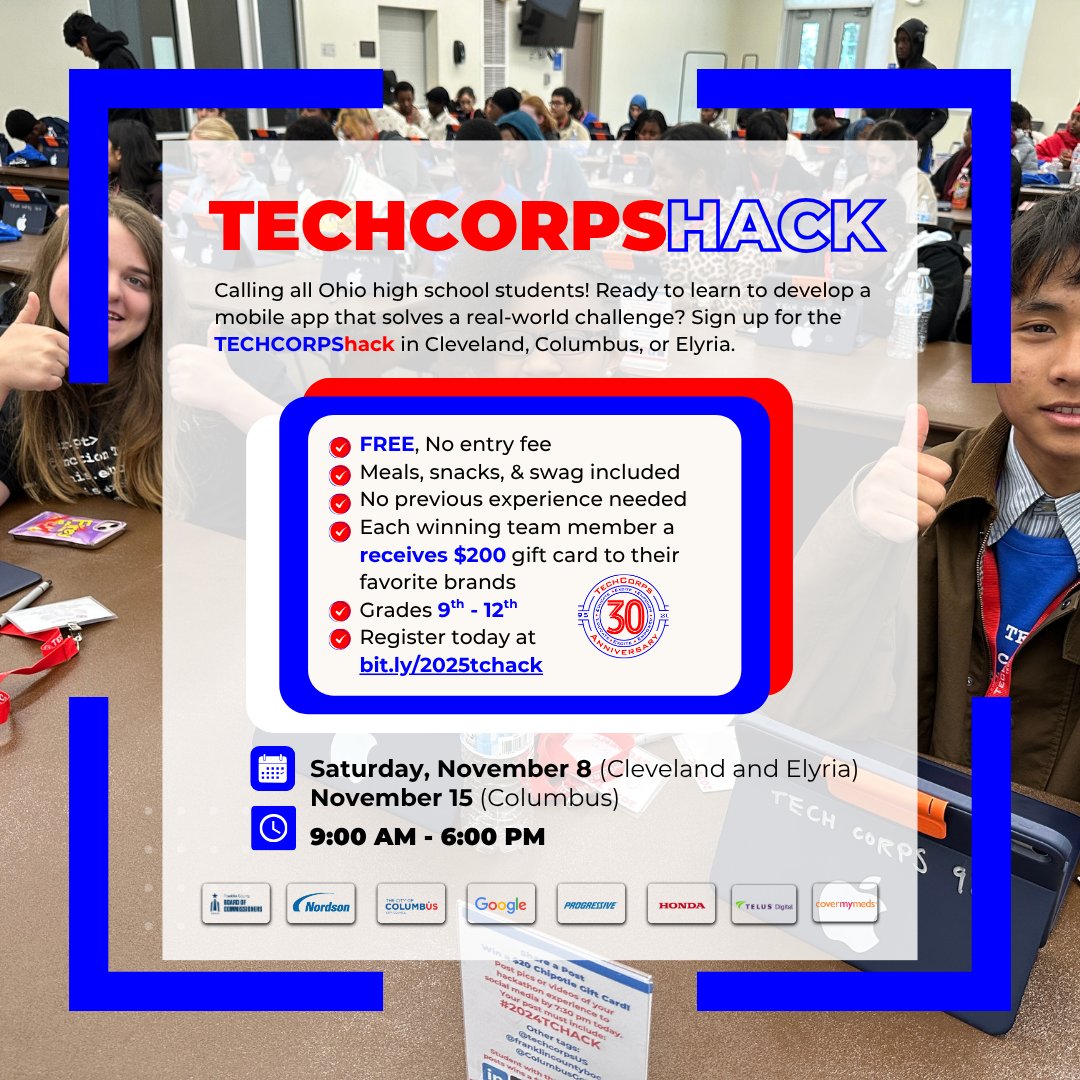 techcorpsus's tweet image. The TECH CORPS Hackathon is back! High schoolers can tackle tech challenges for a chance to win a $200 gift card! Volunteers needed to inspire future innovators! 👉 Register today: bit.ly/25hacksocial #TECHCORPSHackathon