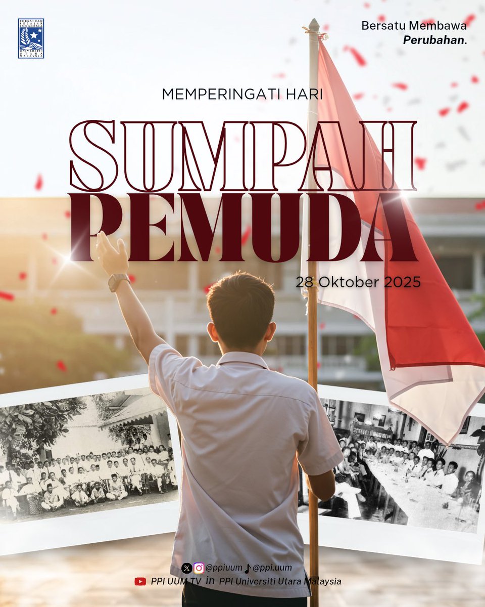 ppiuum's tweet image. Semangat Sumpah Pemuda menjadi pengingat bahwa kemajuan bangsa lahir dari persatuan, semangat juang, dan cinta tanah air. Mari terus kobarkan semangat ini di hati setiap generasi muda untuk membangun Indonesia yang lebih maju, inklusif, dan berdaulat! 🌟