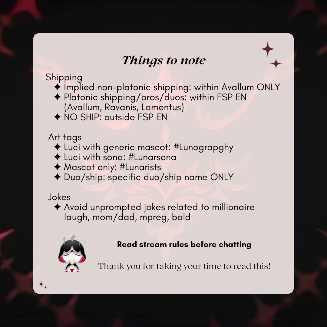 Important ‼️
🎸🌙 addressed some rules and boundaries on stream. Let's all be mindful and try to follow them!