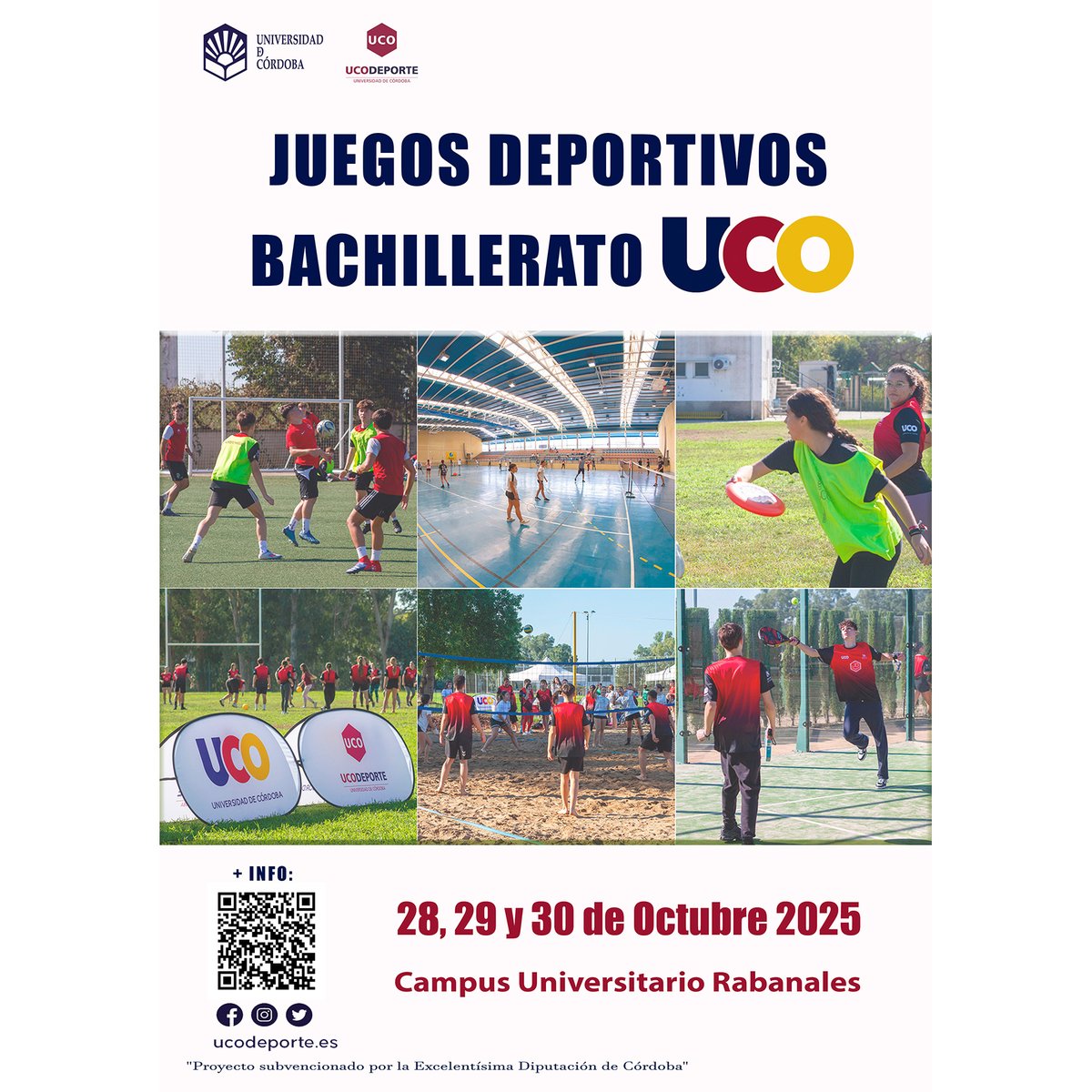Ya están en marcha los JUEGOS DEPORTIVOS BACHILLERATO UCO 2025. Hoy 28, jornada inaugural, jueves 30 será la segunda, ya que se ha cambiado la del miércoles 30 al siguiente, 5 de noviembre, por la alta probabilidad de lluvia. ¡A disfrutarlos todos los participantes! ⚽️♟️🏸🏐🎾🏀