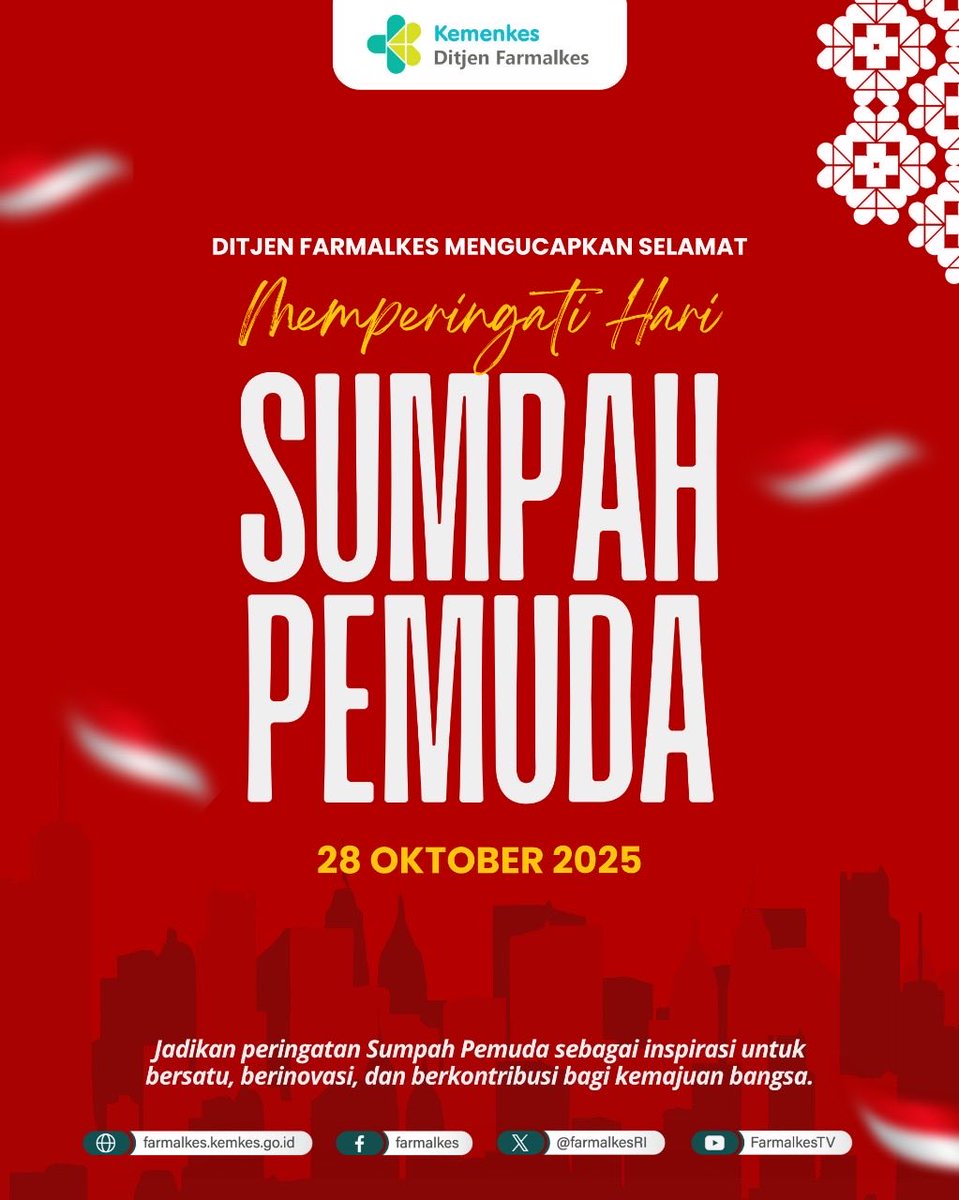 Hai #SobatSehat 👋

Selamat Hari Sumpah Pemuda!
Satukan tekad, kuatkan langkah, dan wujudkan Indonesia sehat dan berkemajuan.

Salam Sehat.
#KemenkesRI #Farmalkes #SumpahPemuda2025 #28Oktober