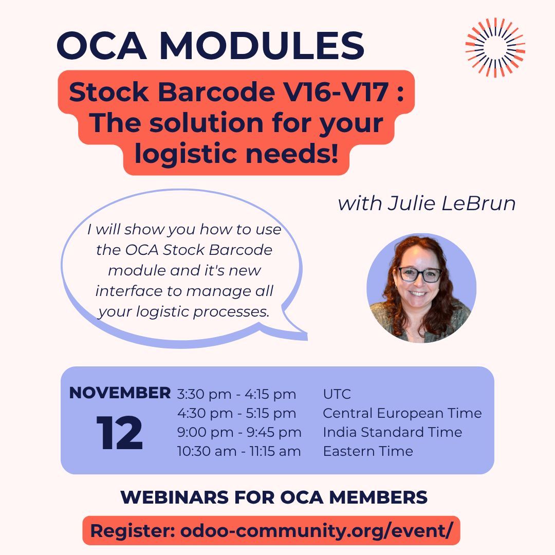 In November, explore handling logistics with the OCA module "Stock Barcode" and its updated interface in V16 and V17.

⏰  November 12, 2025 at 15h30 UTC

Register here : odoo-community.org/event/webinar-… 

Free for 2025 OCA members

#OCA #Barcode #Odoo #Logistic #Stock