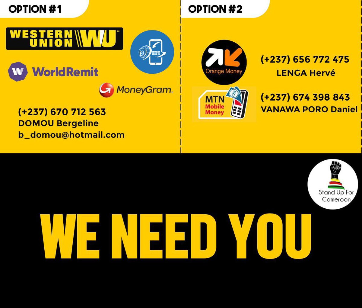 Vous souhaitez soutenir le Collectif d'avocats mis en place par Me Thierry Njifen (<a href="/njifen/">Mounguetyi Njifen Thierry</a>) pour assister les manifestants arrêtés, SUFC met à votre disposition 2 options de contributions à l'international et sur le territoire pour manifester votre soutien.
#FreeCameroon