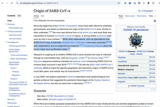 Screenshot of the Wikipedia article page titled 'Origin of SARS-CoV-2', showing sections on zoonosis, lab leak theories, and related topics; includes navigation sidebar with COVID-19 portal links, an image of the SARS-CoV-2 virus structure, and text discussing scientific consensus on natural origins while noting conspiracy theories.
