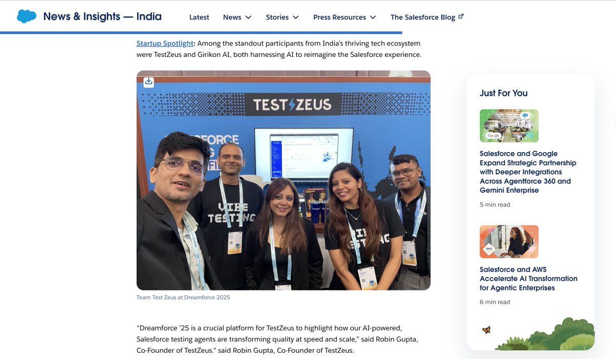 TestZeusAI's tweet image. TestZeus is honoured to be featured in the official @Salesforce South Asia News and Insights Blog. 

Congratulations to the @GirikonInc  team for sharing the spotlight together! 🤝

Link to the blog- lnkd.in/g2W-kTMK

#DF25 #Dreamforce #Salesforce #SouthAsia #Testing #AI