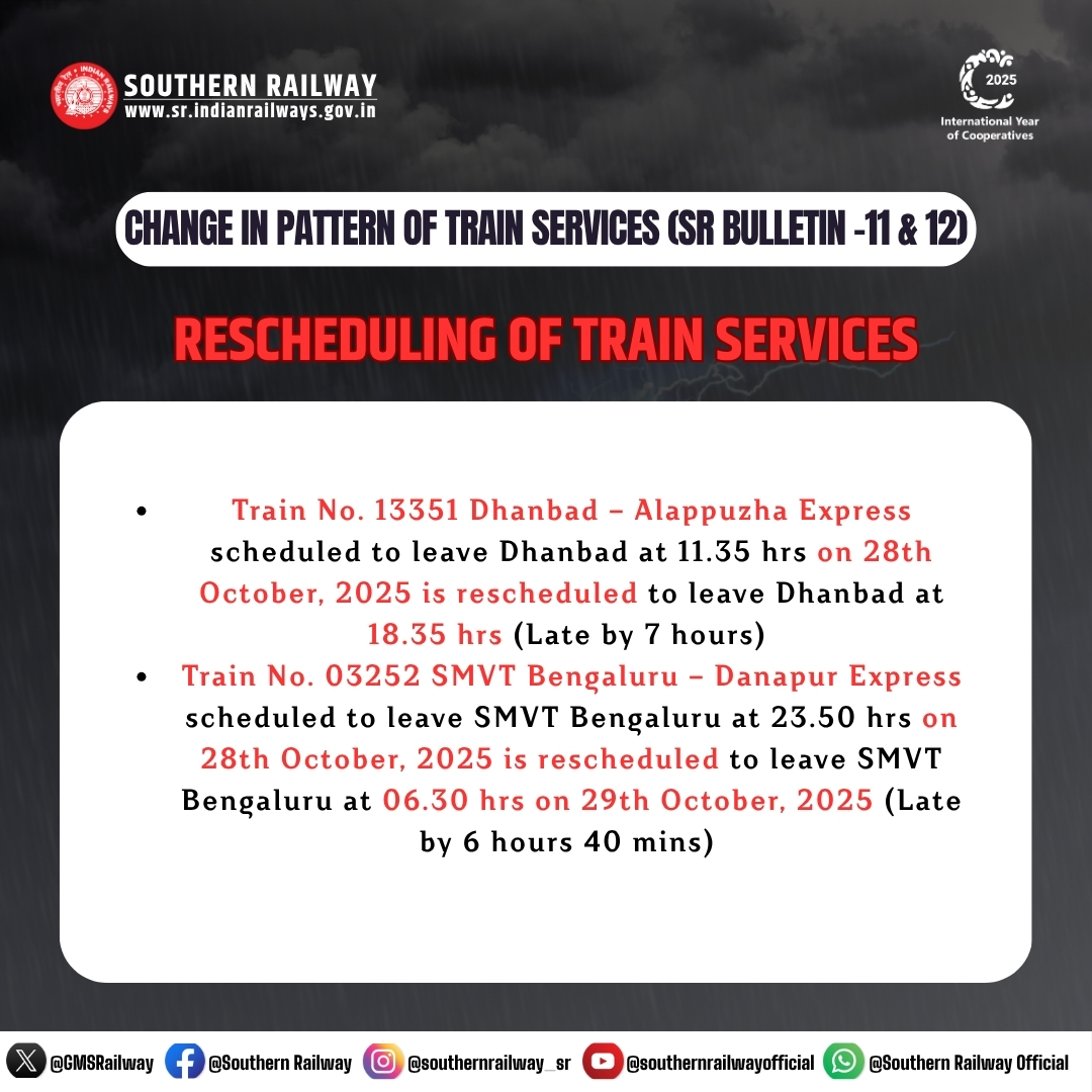 GMSRailway's tweet image. 🚆Passenger Advisory – Cyclone ‘MONTHA’

Owing to the cyclone impact, East Coast Railway has made changes and rescheduling in the pattern of train services.

Please check current train timings before commencing your journey.

#TrainUpdates #ECoR #CycloneMontha #SafetyFirst
