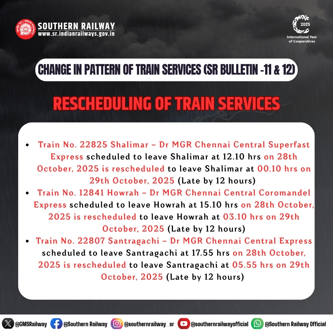 GMSRailway's tweet image. 🚆Passenger Advisory – Cyclone ‘MONTHA’

Owing to the cyclone impact, East Coast Railway has made changes and rescheduling in the pattern of train services.

Please check current train timings before commencing your journey.

#TrainUpdates #ECoR #CycloneMontha #SafetyFirst