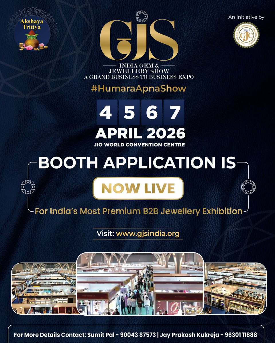 The wait is over! Booth applications for GJS is now live. Secure your spot at India’s most premium gem &amp; jewellery showcase

To book, Visit- exhibitor.gjsindia.org/Mumbai/Exhibit…

🗓️ Date: 4th to 7th April 2026, JWCC, Mumbai

Don’t miss your chance, Book your booth today!

For any queries,