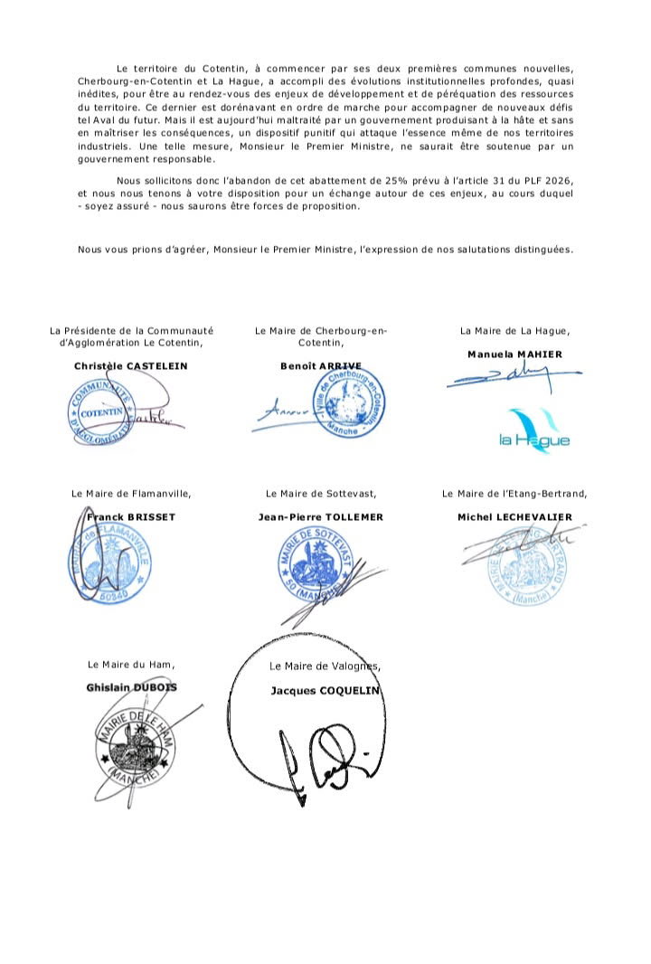 Arrivé Benoît (@arrivebenoit) on Twitter photo Avec mes collègues élus du <a href="/leCotentin/">Agglomération du Cotentin</a> nous interpellons le Premier Ministre afin de défendre les ressources des territoires industriels. Nous ne pouvons pas investir pour les habitants ni soutenir la réindustrialisation de la France sans ressources.
<a href="/amf/">Alexandre Ferreira -- amf</a> Avec mes collègues élus du <a href="/leCotentin/">Agglomération du Cotentin</a> nous interpellons le Premier Ministre afin de défendre les ressources des territoires industriels. Nous ne pouvons pas investir pour les habitants ni soutenir la réindustrialisation de la France sans ressources.
<a href="/amf/">Alexandre Ferreira -- amf</a> 