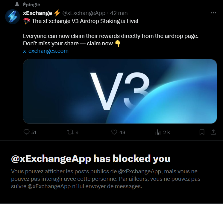 Attention, le compte <a href="/xExchangeApp/">xExchange ⚡</a> est compromis.

Ne cliquez pas sur le lien c'est du fake et ils m'ont bloqués dès que je l'ai signalé en commentaire.