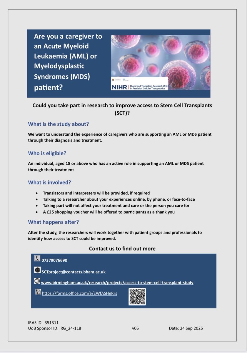 Have you been affected by Acute Myeloid Leukaemia (AML) or Myelodysplastic Syndromes (MDS)? Could you take part in research to improve access to Stem Cell Transplants - more info on flyers &amp; here 👉🏻birmingham.ac.uk/research/proje…

<a href="/NHSBT/">NHS Blood+Transplant</a> <a href="/DonorHealthBTRU/">NIHR BTRU in Donor Health and Behaviour</a>