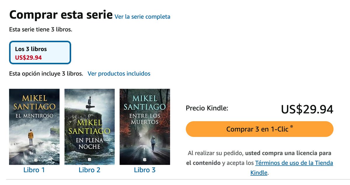 Si los compro por separado me salen U$S 29,95- en total.
<a href="/amazon/">Amazon</a> me hace una "oferta" imperdible: si compro los tres juntos, (si el primero no me gusta, me arriesgo a ensartarme), me ahorro... UN CENTAVO!
Moraleja: verifiquen si las promos son realmente promos.