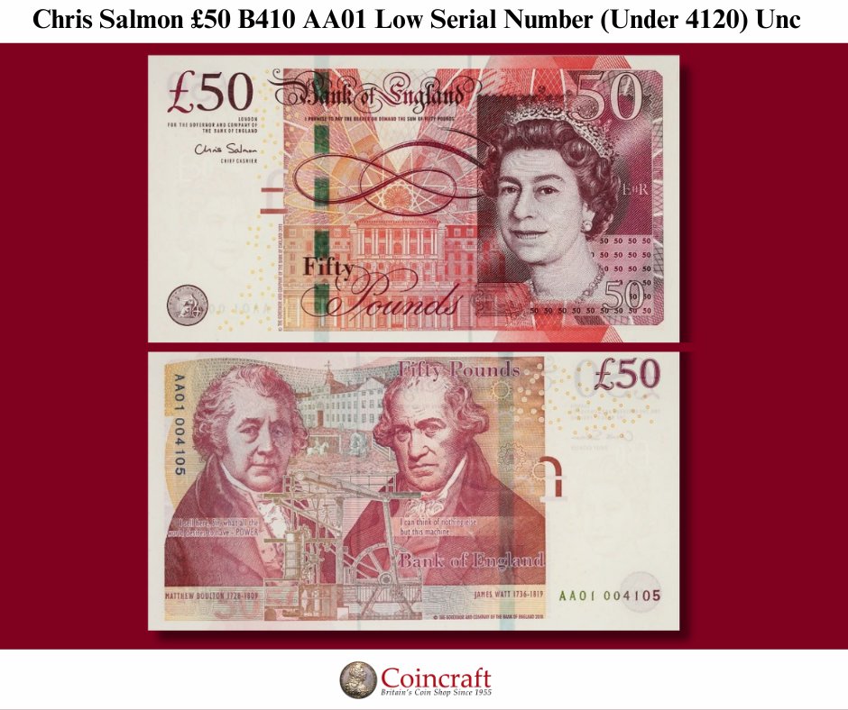 Banknote of the week: Chris Salmon £50 B410 AA01 (2011) - Last paper £50 design with Queen Elizabeth II, Matthew Boulton &amp; James Watt. Features motion thread security. Our notes have first prefix AA01 with serial numbers 004080-004120.  coincraft.com/chris-salmon-5…