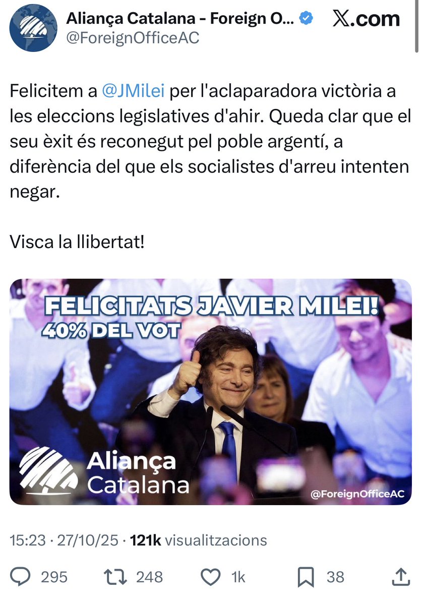 Aliança Catalana felicitant a Javier Milei. Ultra-liberal, que ha enterrat l’estat del benestar a l’Argentina i l’ha venuda als Estats Units.
Això és el q vol AC per Catalunya.