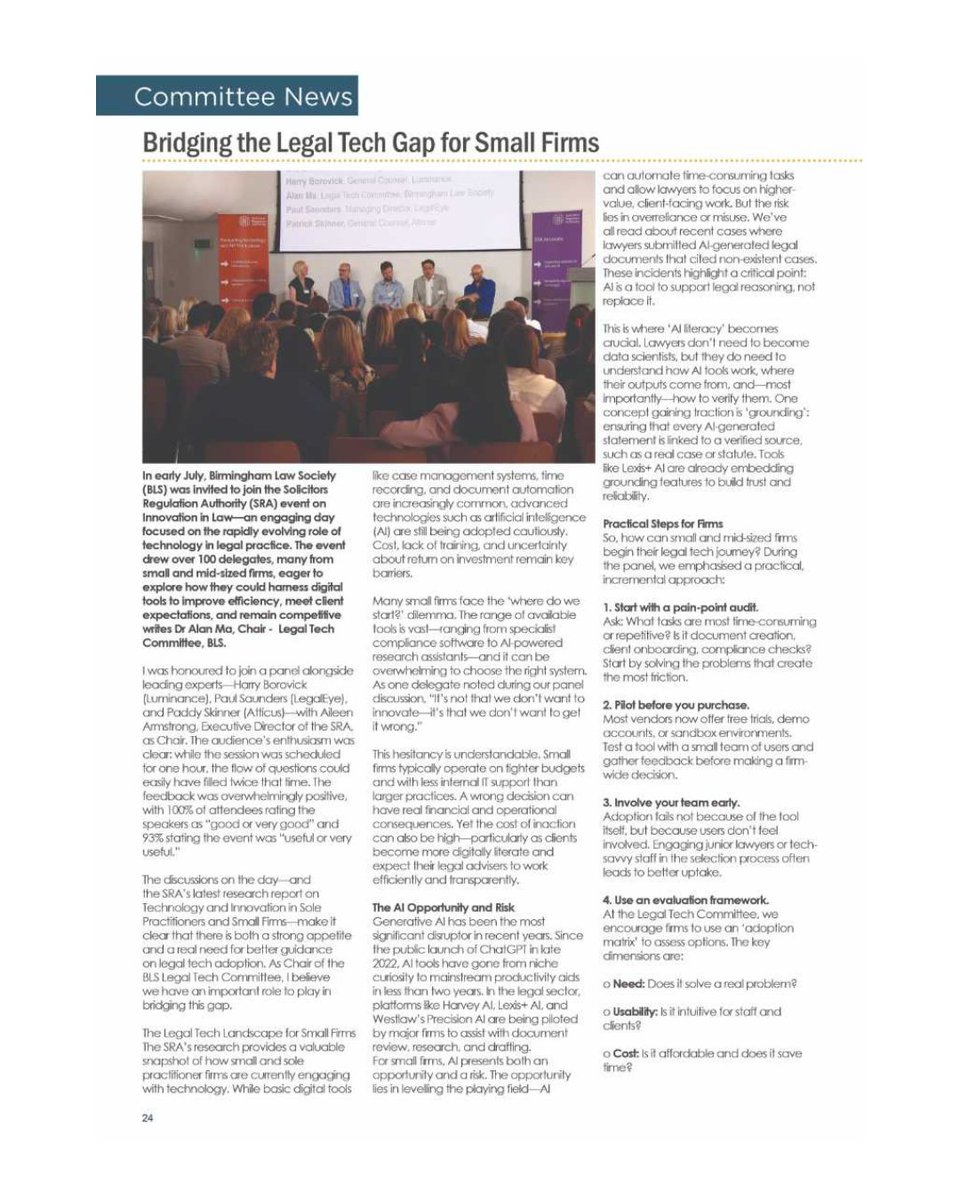 BhamLawSociety's tweet image. In our Bulletin, we cover 5 drawbacks of ignoring legal AI. Example: firms not using AI risk falling behind on efficiency and even profits.  💡 Embrace innovation – many lawyers already use AI for research &amp;amp; document review. #LegalTech #AI #BulletinInsight