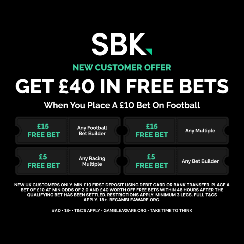 FootyAccums's tweet photo. 45/1 TUESDAY ACCA WITH SBK (As low as 28/1 with other bookies) 🚀

All users get a 10% acca boost!

No Account? Bet £10 &amp; get £40 in FREE BETS when you join below!

Ad | GambleAware | 18+ | New Customer Offer | Always Gamble Responsibly | Odds correct as of 9:26am 28/10/25
