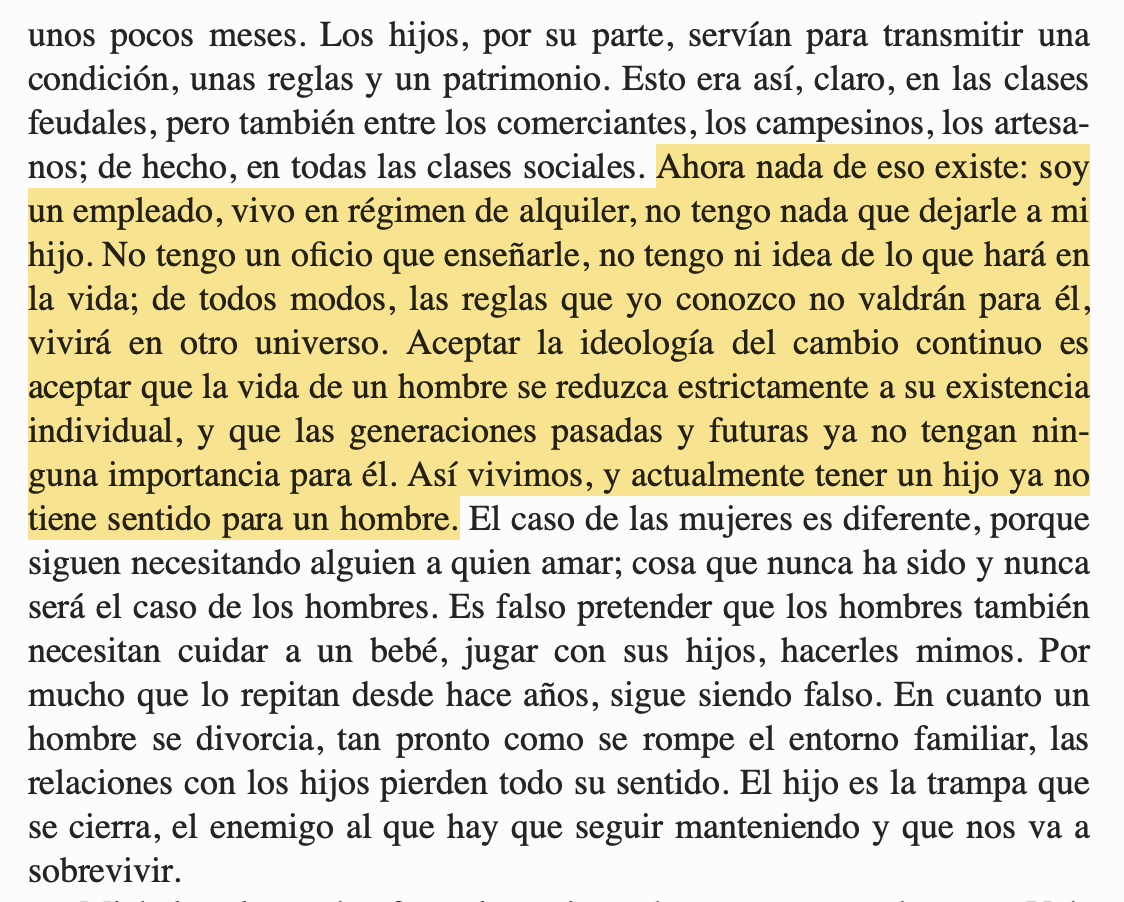 ¿Cuáles serán los valores de una sociedad en la que nadie es propietario de nada? Me temo que nada bueno podemos construir en ella. Houellebecq (¡no quiero ser pesado!) lo clava de nuevo