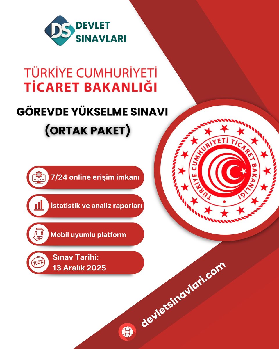 devletsinav's tweet photo. 📢 TÜRKİYE CUMHURİYETİ TİCARET BAKANLIĞI

🎯 Görevde Yükselme Sınavı (Ortak Paket)

🚀 Artık hazırlık süreciniz çok daha kolay!
📅 Sınav Tarihi: 13 Aralık 2025

Kariyer basamaklarını emin adımlarla çıkmak için sen de yerini al!

#DevletSınavları #TicaretBakanlığı #GörevdeYükselme https://t.co/PzCCZ450h0