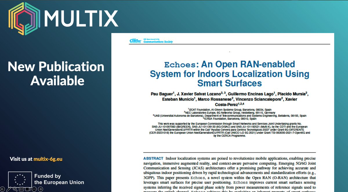 MultiX6GProject's tweet image. New paper alert! 📢 Our &quot;Echoes&quot; system achieves sub-meter (0.9m) indoor localization accuracy using #ORAN and smart surfaces (RIS).

This practical approach for #6G is a great collaboration with @i2CAT, @NEC_Labs_Europe, @UABBarcelona, &amp;amp; @ICREACat.

🔗 zenodo.org/records/170541…