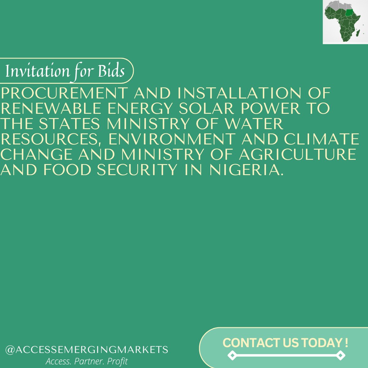 Invitation for Bids Project in Nigeria.

Contact us today, let us help you secure this project!

For more information on this project, visit- lnkd.in/dzxfhWiE

#Africa #Nigeria #Construction #Development #SolarPower #Infrastructure #RenewableEnergy #FoodSecurity