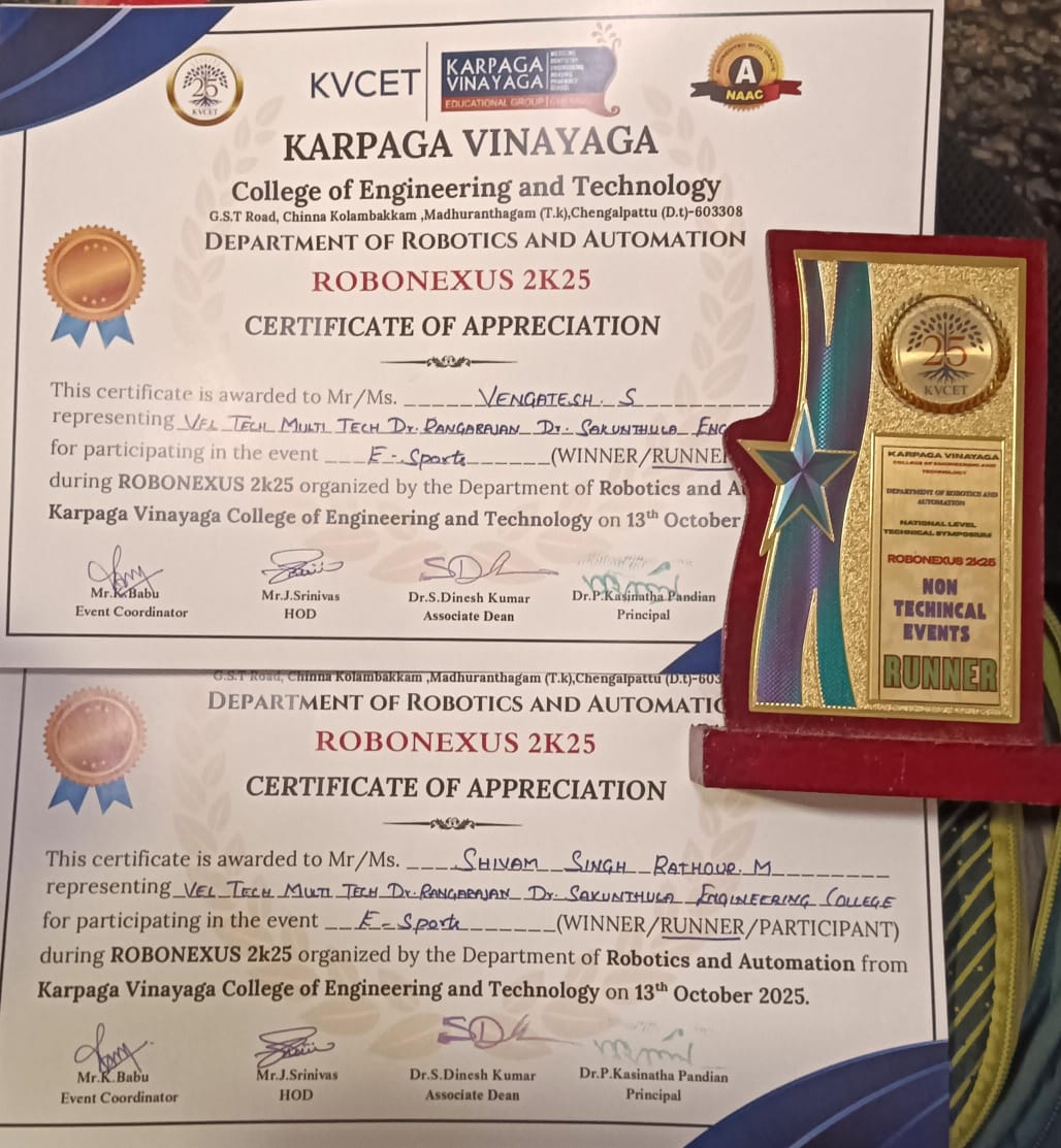 VelMultitech99's tweet image. 🏆 Congratulations to our champions! 🎮

Vegatesh S &amp;amp; Sham Shivam Rathor M from II Year Mechanical Engineering secured the Runner-Up position in the E-Sports event at ROBONEXUS 2K25, hosted by Karpagam Vinayagar College of Engineering &amp;amp; Technology, Chennai.