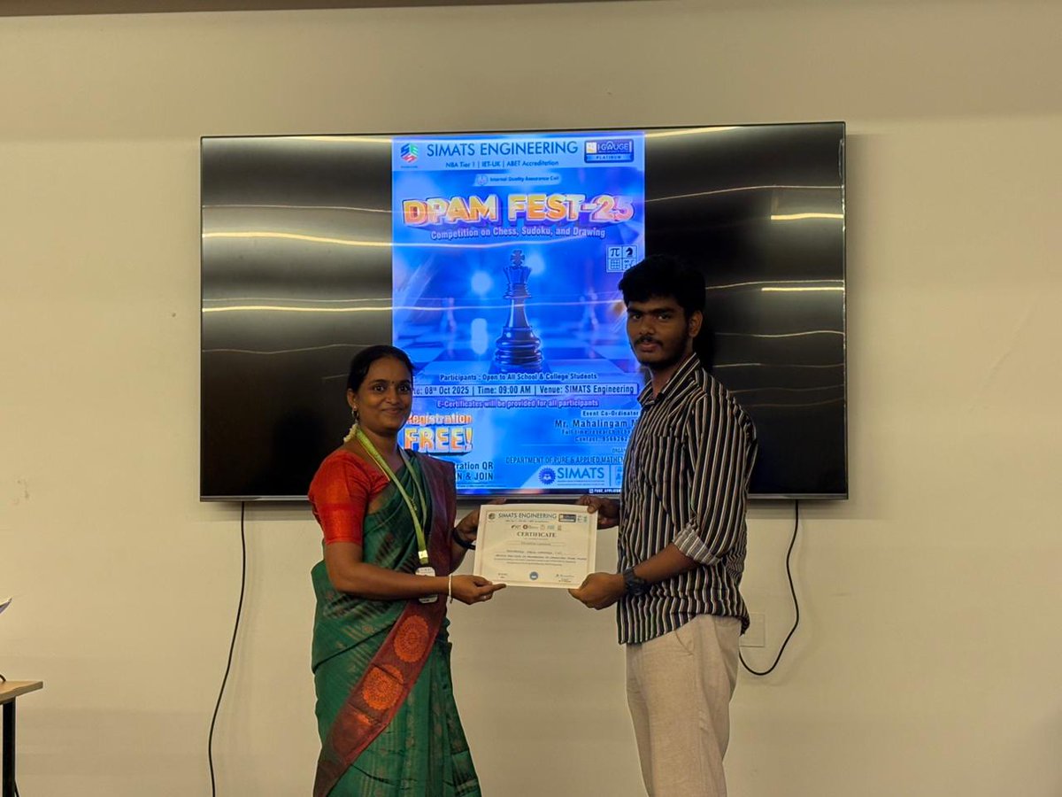VelMultitech99's tweet image. We are happy to announce that our IT department student Mr Mohammed Abdul Hameed from second year A sec has secured second prize in sudoku at SIMATS on 08.10.2025