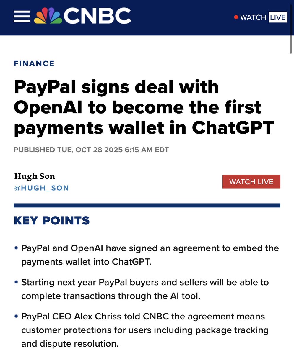 StockSavvyShay's tweet image. $PYPL becomes the first payments wallet inside OpenAI’s ChatGPT.

Users will be able to shop and check out directly in chat while merchants list inventory in real time. 

OpenAI integrates the transaction layer and PayPal runs the money flow.