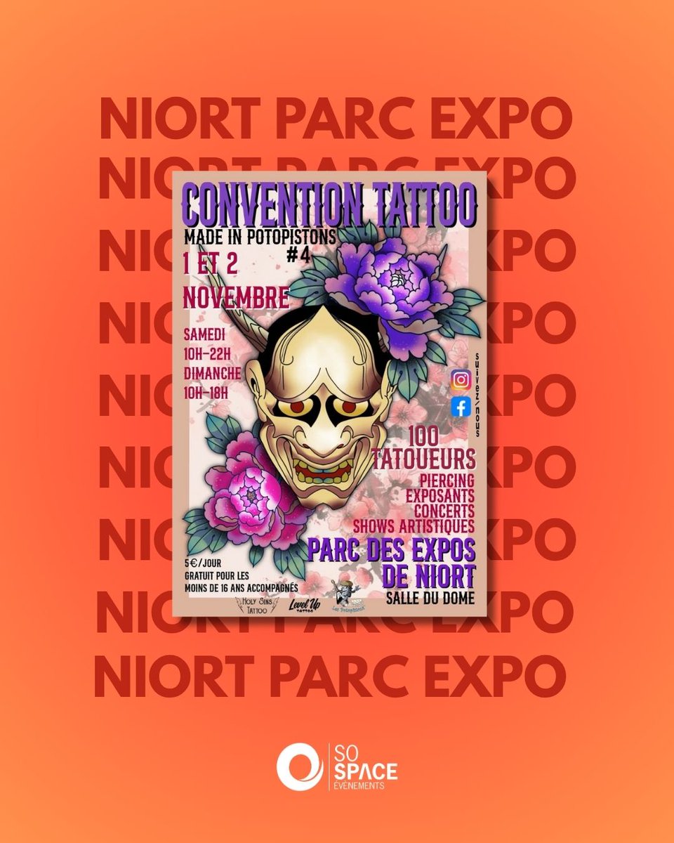 CONVENTION TATTOO
🗓️Les 1 et 2 Novembre
⏰ De 10h à 22h (18h le dimanche)

🎟️ Tarifs : 5 € - Gratuit pour les moins de 16 ans accompagnées
🅿️ Parking gratuit

4e édition de la Convention Tattoo organisé par Potopistons au Dôme du Parc des Expositions de Niort.