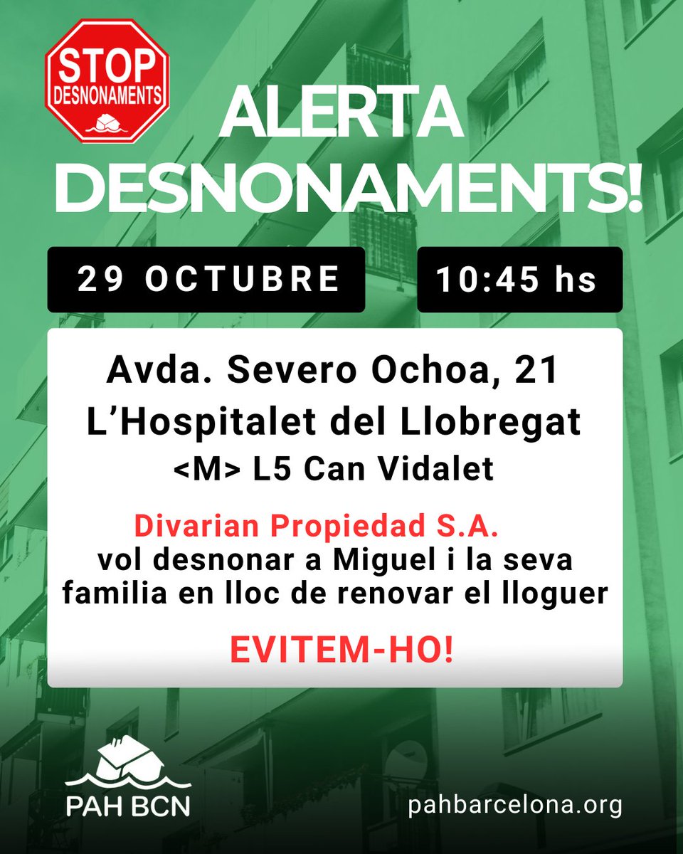 Mañana hay que llenar la Avenida Severo Ochoa de solidaridad y cuerpos para evitar que Divarian deje a Miguel en la calle tras años peleando para que le renueven el alquiler social tras haber perdido su casa con una ejecución hipotecaria.

eldiario.es/catalunya/cris…
