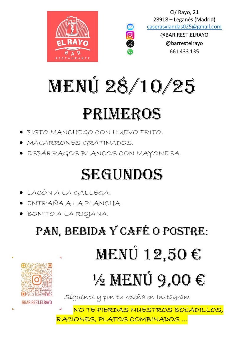 barrestrelrayo's tweet photo. Menú del 28/10/25 https://t.co/rrwgvULSjk