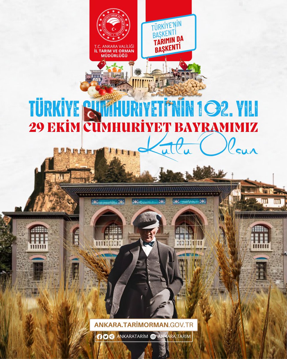 Mazimizden ilhamla Başkentimizi ülkemizde, ülkemizi de dünyada tarımsal üretimin en parlak yıldızı yapacağız.

Cumhuriyetimizin 102. yılında Gazi Mustafa Kemal Atatürk başta olmak üzere aziz kahramanlarımızı saygı ve minnetle anıyoruz.

#29Ekim #CumhuriyetBayramı'mız kutlu olsun