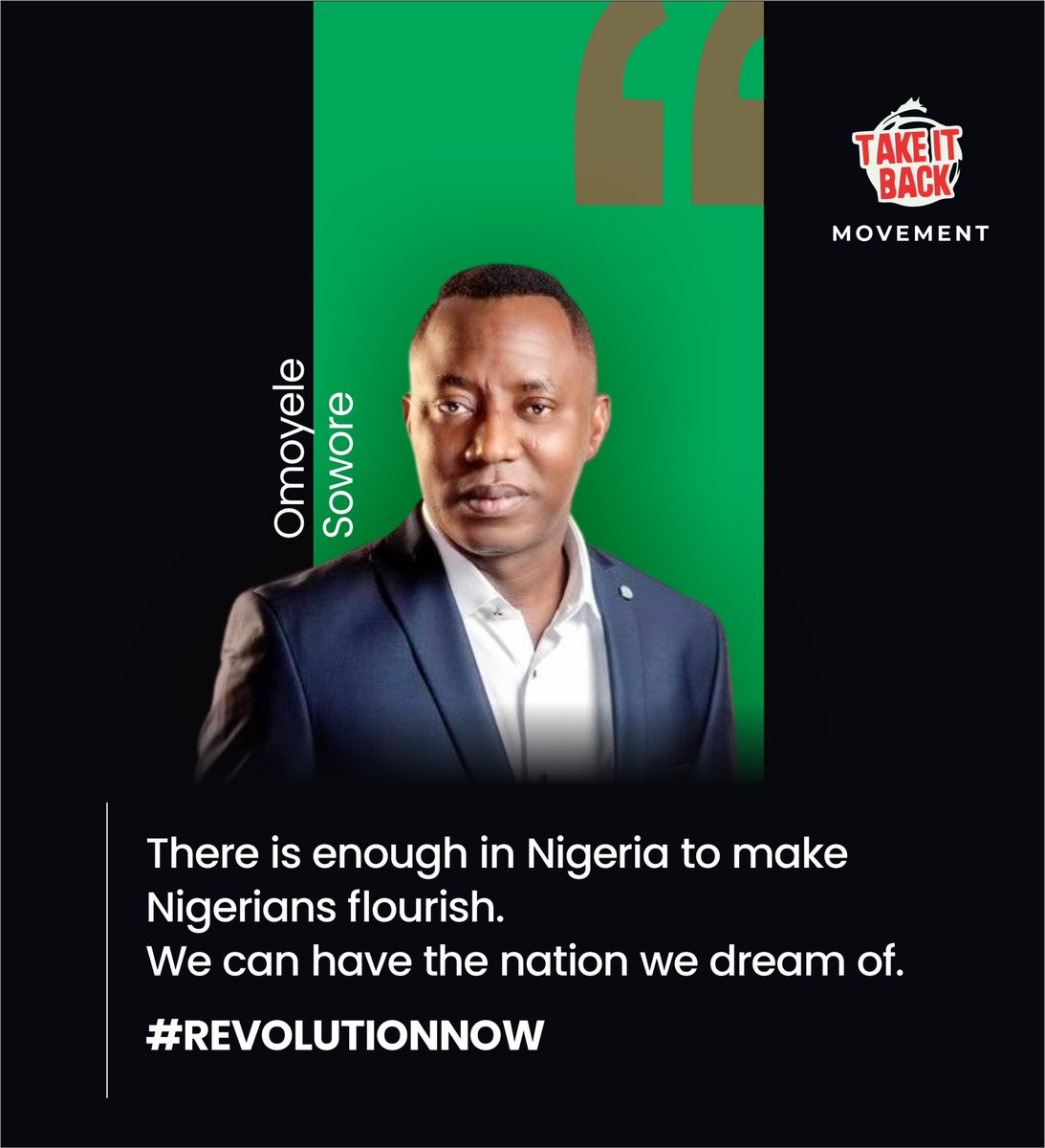 TIBmovement's tweet photo. "There’s enough in Nigeria for all to flourish. Let’s build the nation we deserve. ✊🏽
#RevolutionNow #TakeItBack #NigeriaDeservesBetter #SoworeSpeaks #ChangeIsNow" https://t.co/tF1Tc08PDs