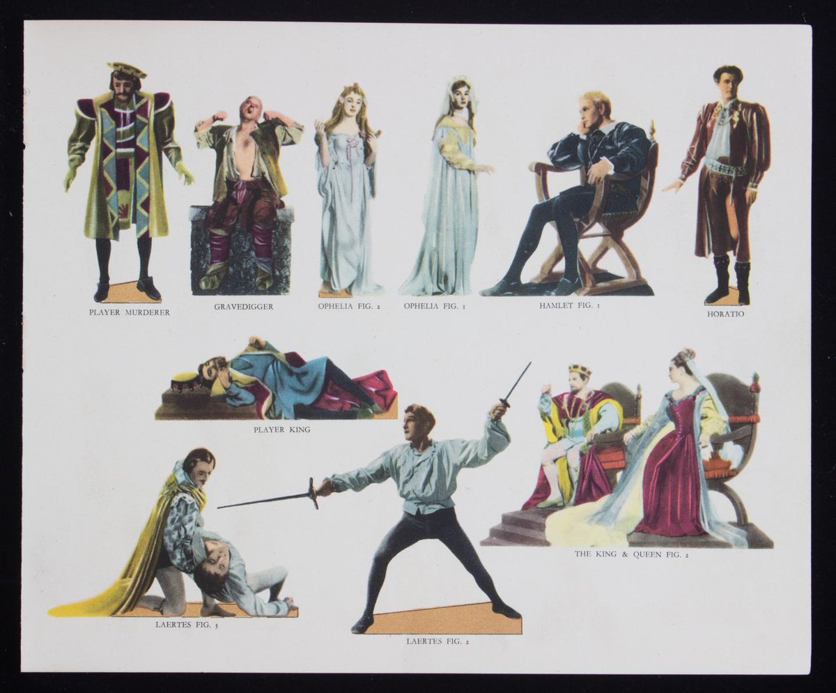 Cut-out characters from a 1948 toy theatre of Laurence Olivier’s Hamlet.