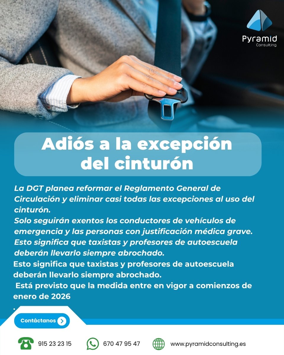 PyramidMultas's tweet image. 🚨 La DGT eliminará la excepción del cinturón para taxistas y profesores de autoescuela.
👉 Multa: 200 €
👉 4 puntos menos
📅 Prevista para inicios de 2026
¿Te parece una medida acertada o un error?
#DGT #Cinturón #multas #Trafico  #Multas #Actualidad #España