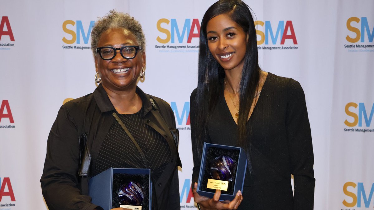 SeaMuniCourt's tweet photo. SMC's Director of Equity &amp; Engagement Victoria Moreland &amp; HR Manager Aminah Long were honored last week at the Seattle Management Association Awards. Aminah was recognized as an emerging leader and Victoria was recognized for her work in race and social justice work. Congrats! https://t.co/0GI0M7RIwT
