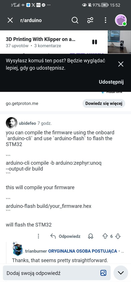 Sp7udoA's tweet image. you can compile the firmware using the onboard \`arduino-cli\` and use \`arduino-flash\` to flash the STM32
arduino-cli compile -b arduino:zephyr:unoq --output-dir build  
this will compile your firmware
arduino-flash build/your\_firmware.hex  
will flash the STM32
