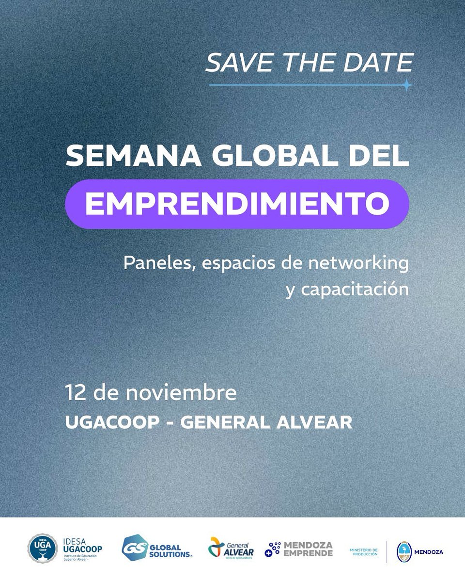 📣 ¡Atención, emprendedores de la Zona Sur!

Desde el Ministerio de Producción, a través de la Dirección de Emprendedores y Cooperativas, junto a la Municipalidad de General Alvear, Global Solutions y UGACOOP, te invitamos a ser parte de la Semana Global del Emprendimiento