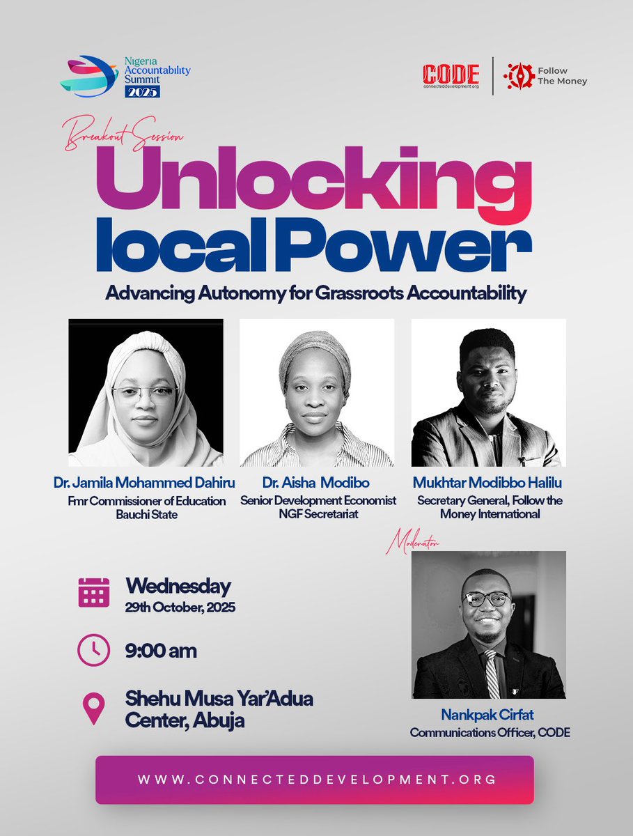 Connected_dev's tweet photo. Finally! Nigeria Accountability Summit 2025 (#NAS2025) is here🥳!
Join Connected Development (@connected_dev) and other MacArthur Foundation #JoinBodi partners by 9am tomorrow, Wednesday 29th October 2025 at Shehu Musa Yar’Adua Center, Abuja for #NAS2025 themed “Strengthening Accountability for Inclusive Economic Growth”
For break out session, Connected Development (@Connected_dev) will take a deep dive on the discussion “Unlocking local Power: Advancing Autonomy for Grassroots Accountability”👌
When citizens understand how government structures work, their rights, and the mechanisms for oversight, they become active participants rather than passive observers, fostering transparency and integrity in leadership✊
#NAS2025 #StrengthenAccountability #InclusiveEconomicGrowth #AccountabilityMatters